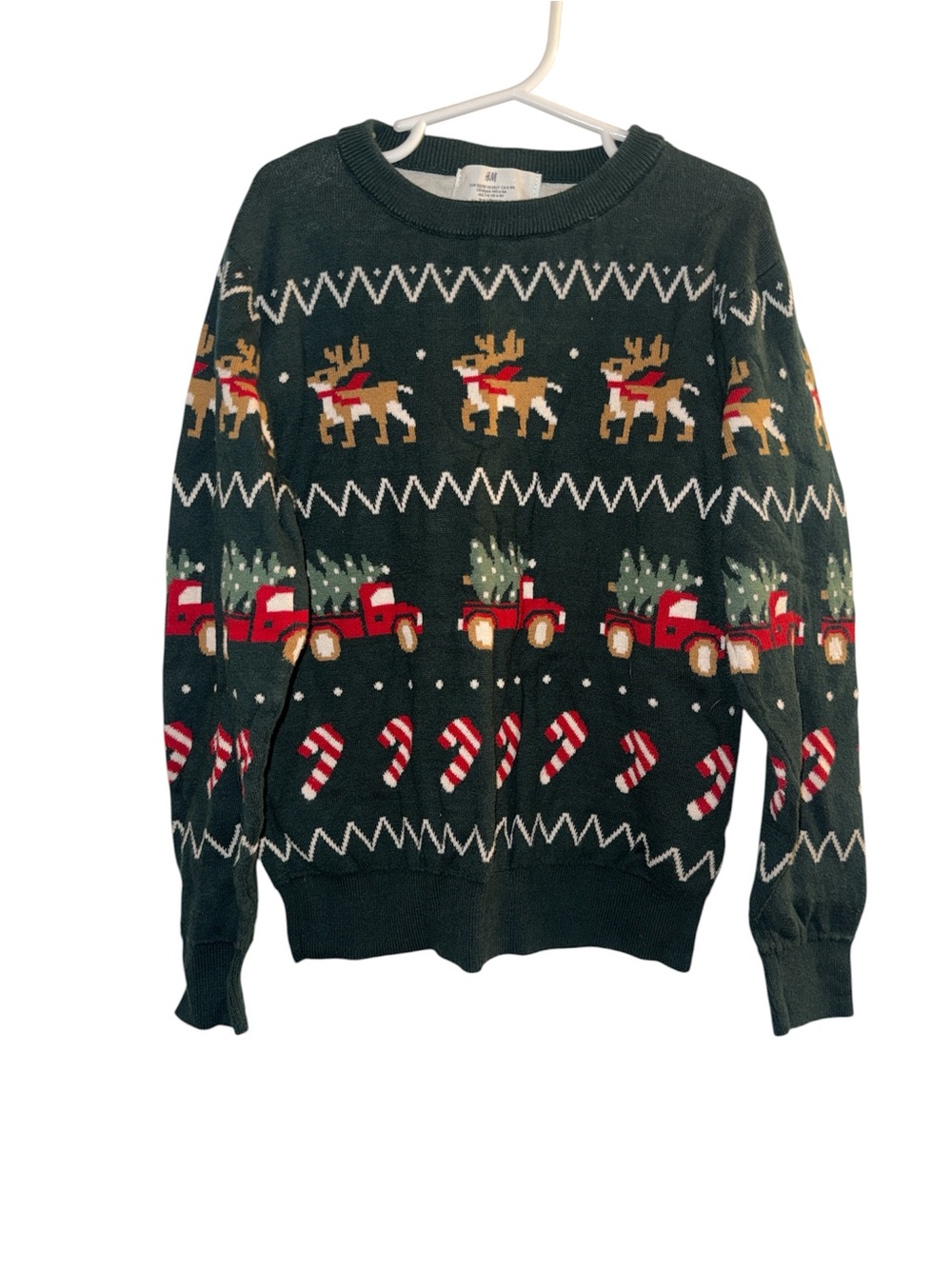 Christmas Sweater 6x/7 H&M Green Holiday Sweater Reindeer Candy Canes Trucks